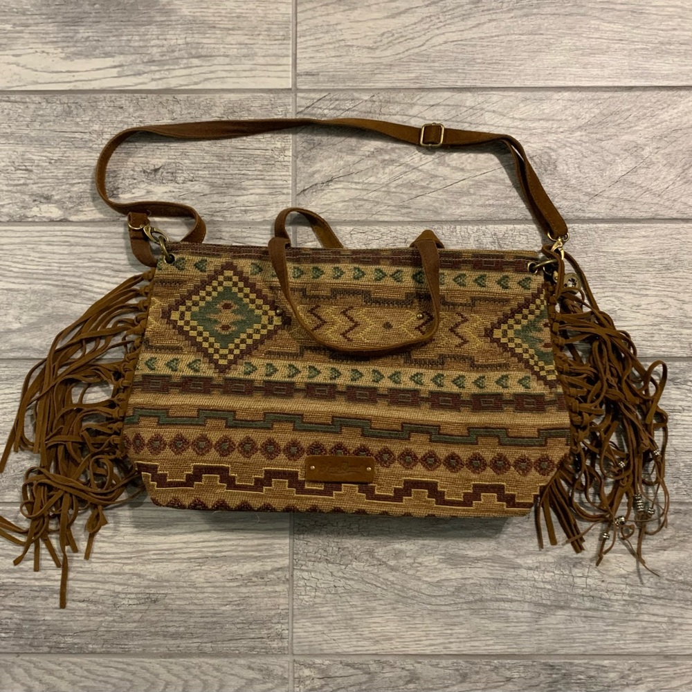 LUCKY BRAND Rare Southwest Aztec Brown Multi Colored Canvas Hand Tote Bag